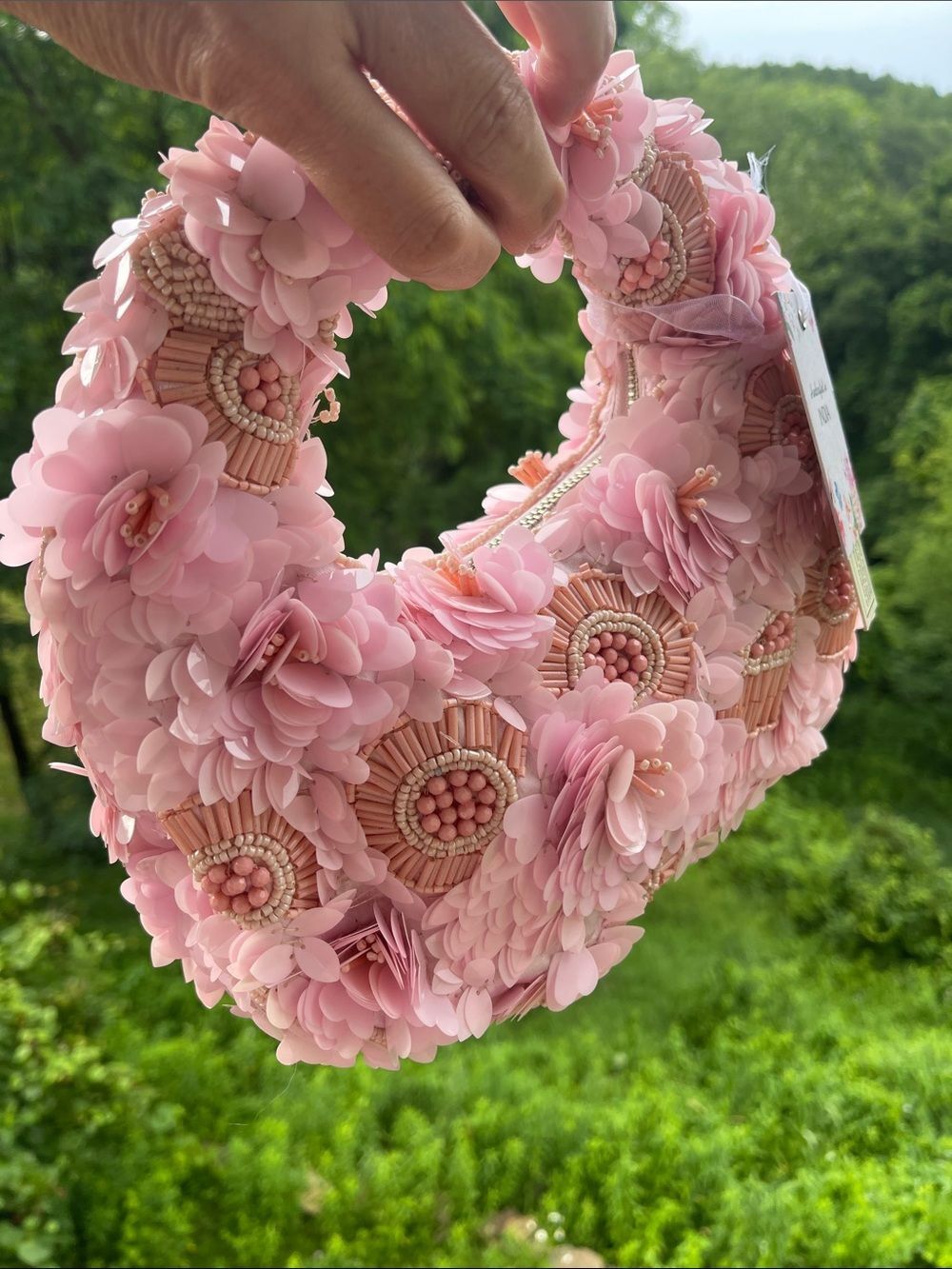 Viral Beaded Bag - Pink Floral Beaded Handle Women's Handbag - Picture 5 of 5